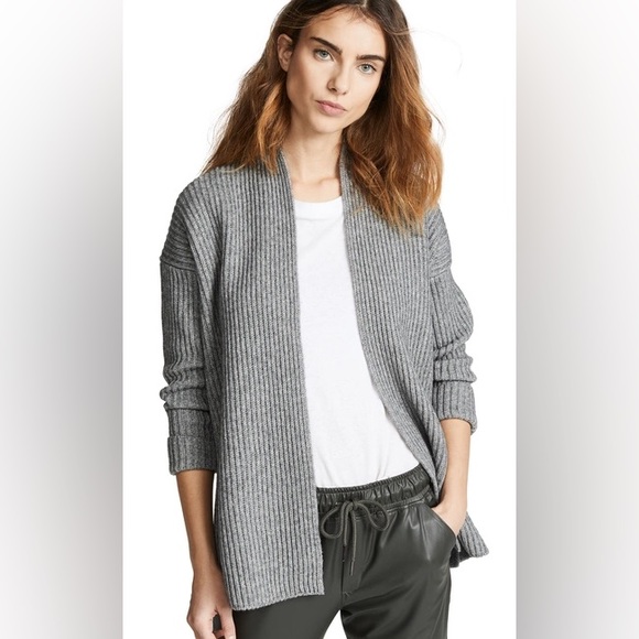 Vince Gray Ribbed Wool Side Button Open Cardigan Wool Yak Sweater